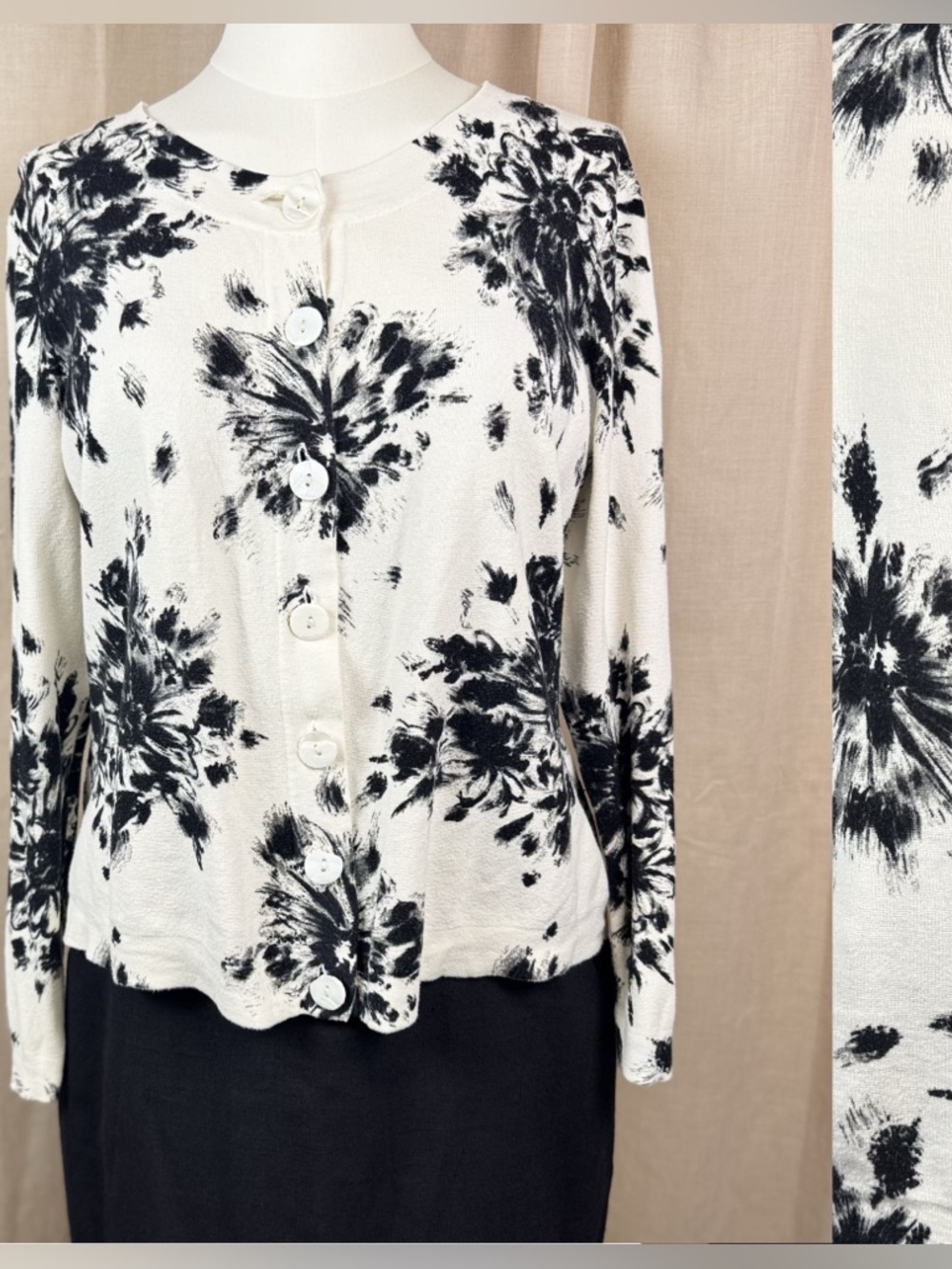 VTG Talbots Black and White Floral Button Pima Cotton Cardigan large petites LP